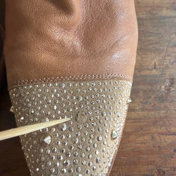 Stuart Weitzman 8 Tan Rhinestone Studded Western Ankle Boots Leather Cowboy FLAW - Picture 7 of 11